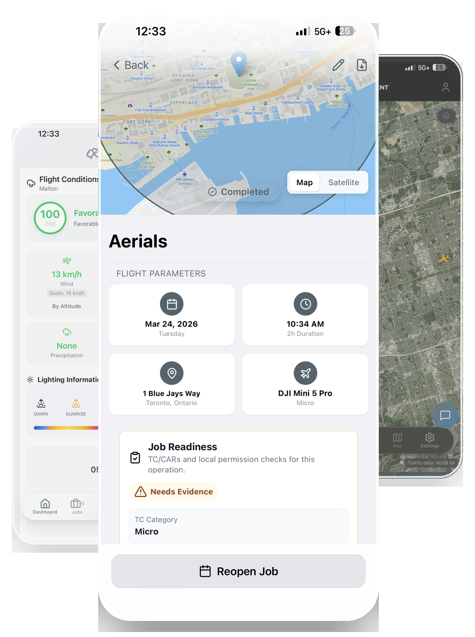 Nimbent app screens showing job records, weather conditions, and map context